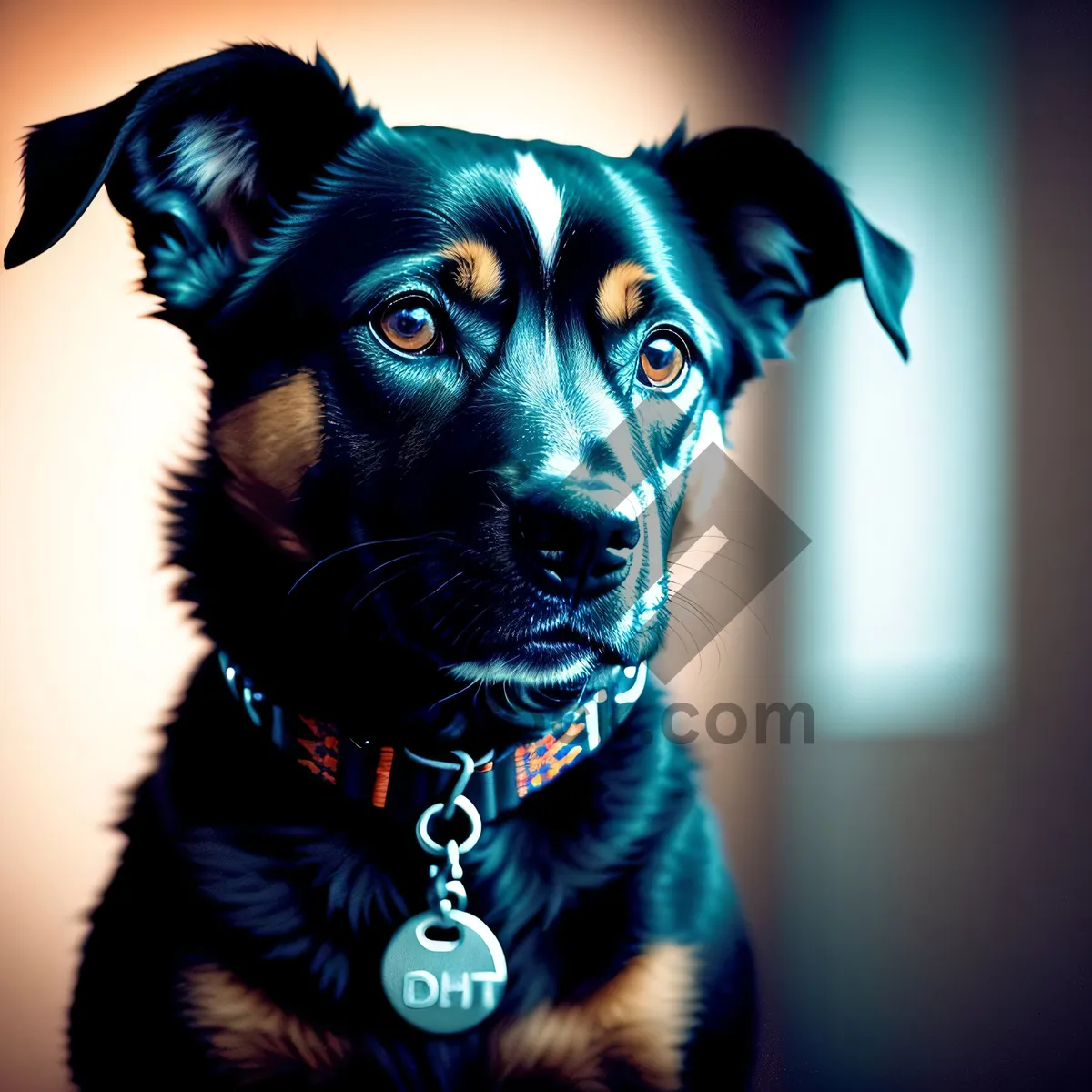 Picture of Adorable black puppy on leash - pet portrait