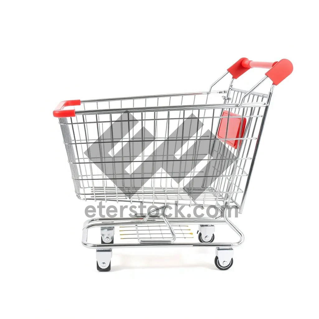 Picture of Metallic Shopping Cart in Empty Supermarket Aisle