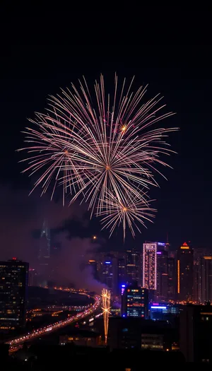 Nighttime fireworks display lighting up the city sky