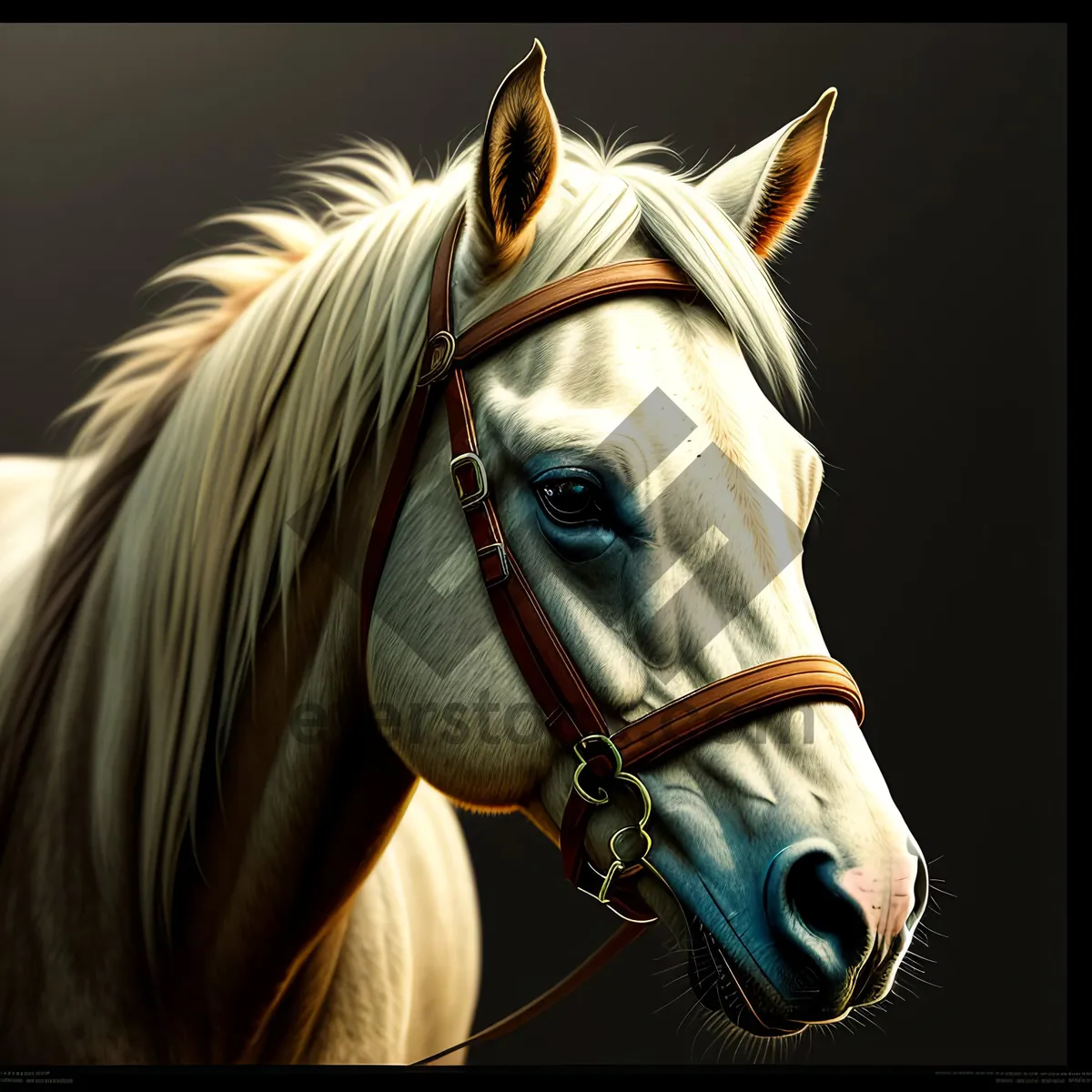 Picture of Thoroughbred stallion with bridle and mane.