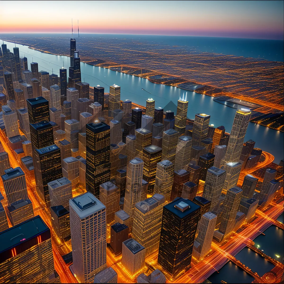 Picture of City Twilight: Majestic Skyscrapers Illuminate the Night Sky