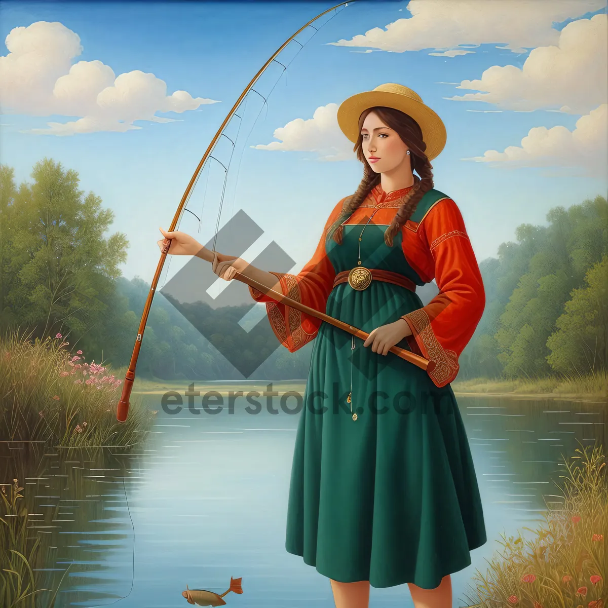 Picture of Happy Oriental Fisherman with Bow and Arrow