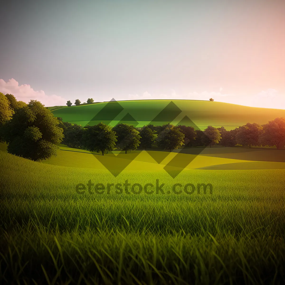 Picture of Serene Rural Landscape with Golden Fields under Clear Skies