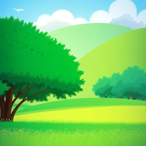 Serene countryside scene with meadow, tree, and blue sky