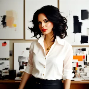 Happy brunette businesswoman portrait in corporate office setting
