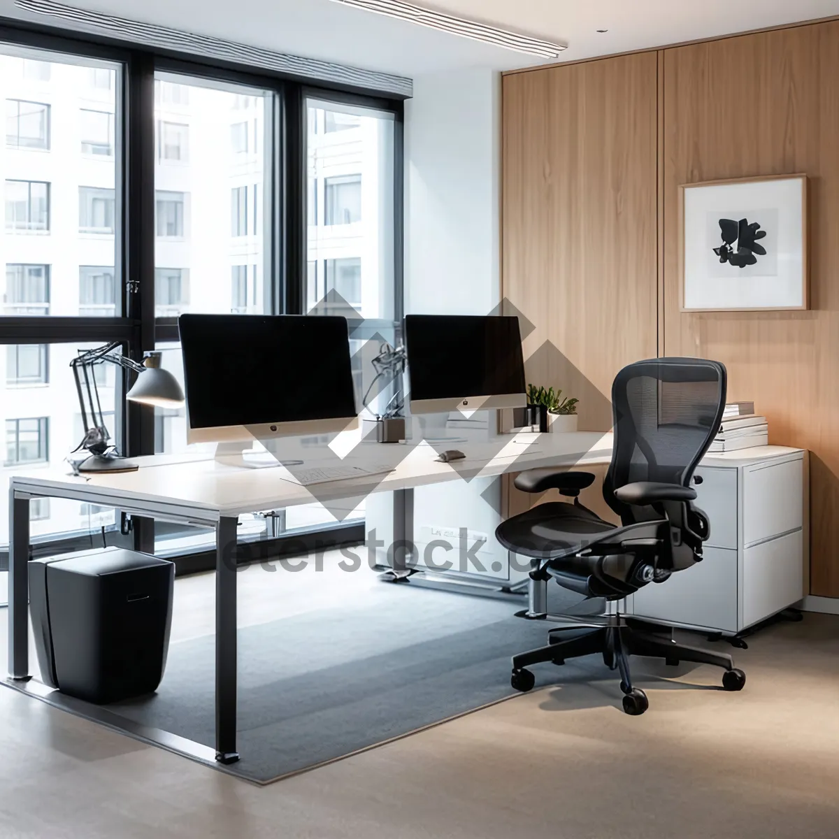 Picture of Modern luxury office interior with wooden furniture and lamp