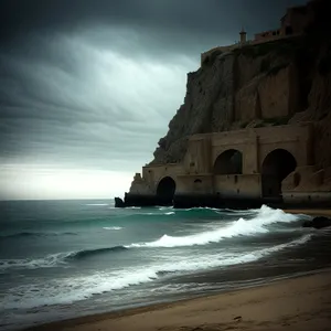 Serenity at Sea: Majestic Ocean Cliff and Shipwreck