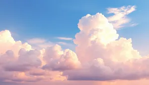 Bright Summer Sky with Fluffy Clouds and Sunshine.