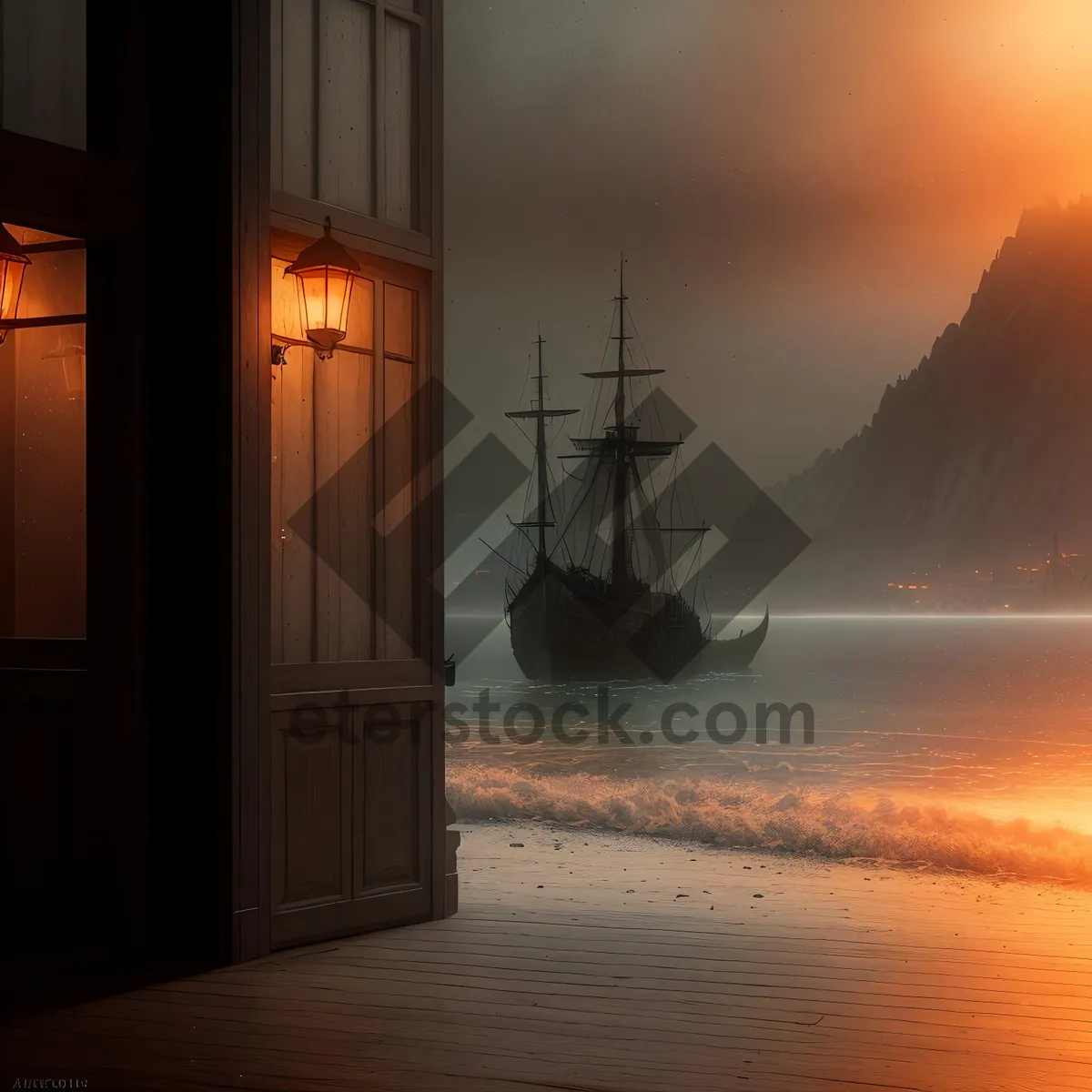 Picture of Sailing into golden horizons: Vintage pirate ship