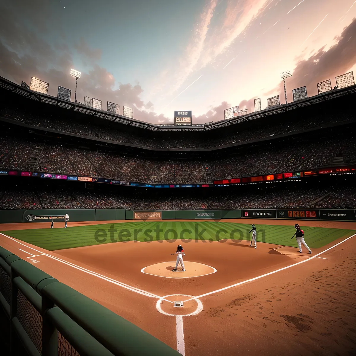 Picture of Nighttime baseball game at city stadium.