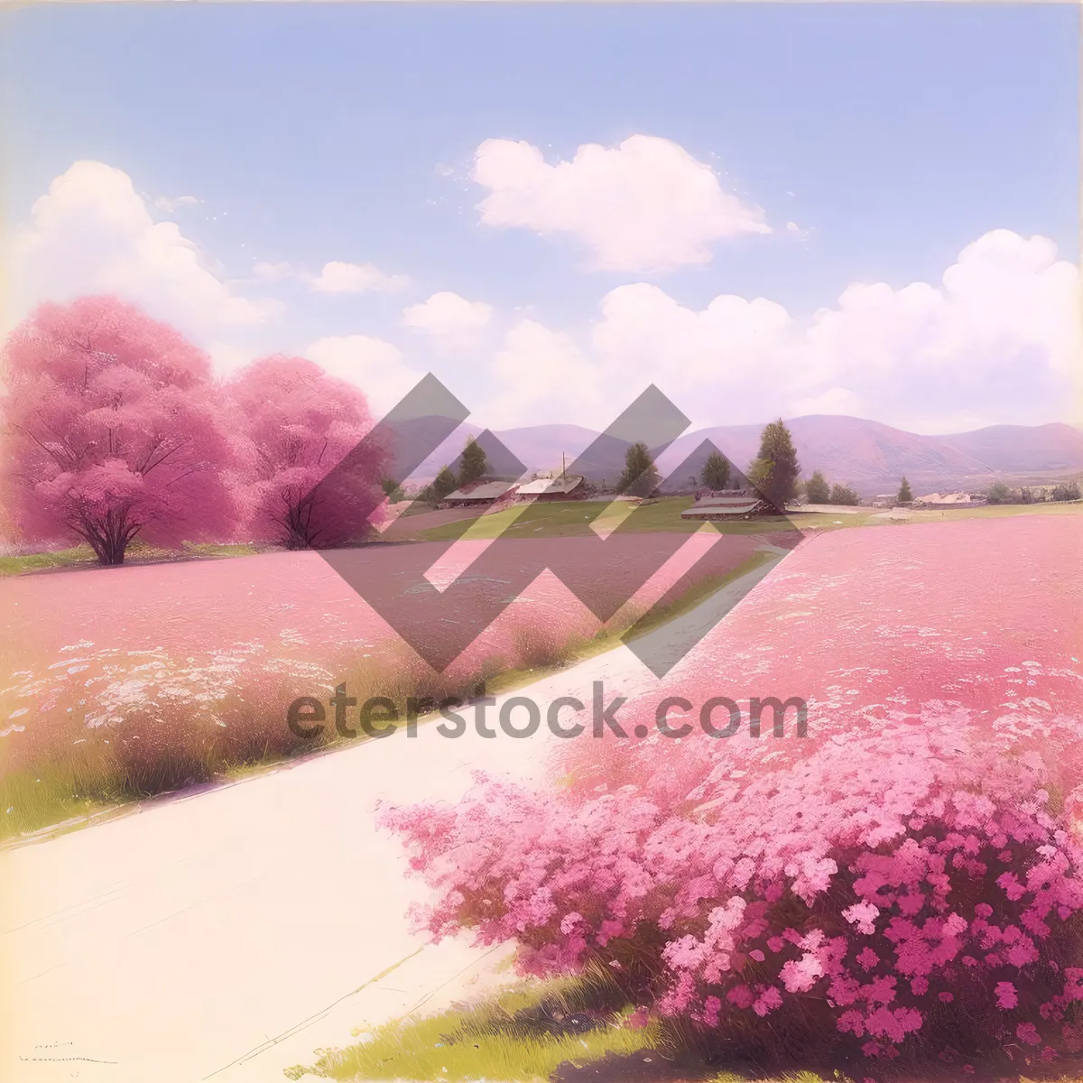 Picture of Idyllic Spring Meadow with Blooming Pink Phlox