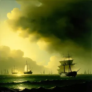 Sunset Pirate Ship on Windy Sea