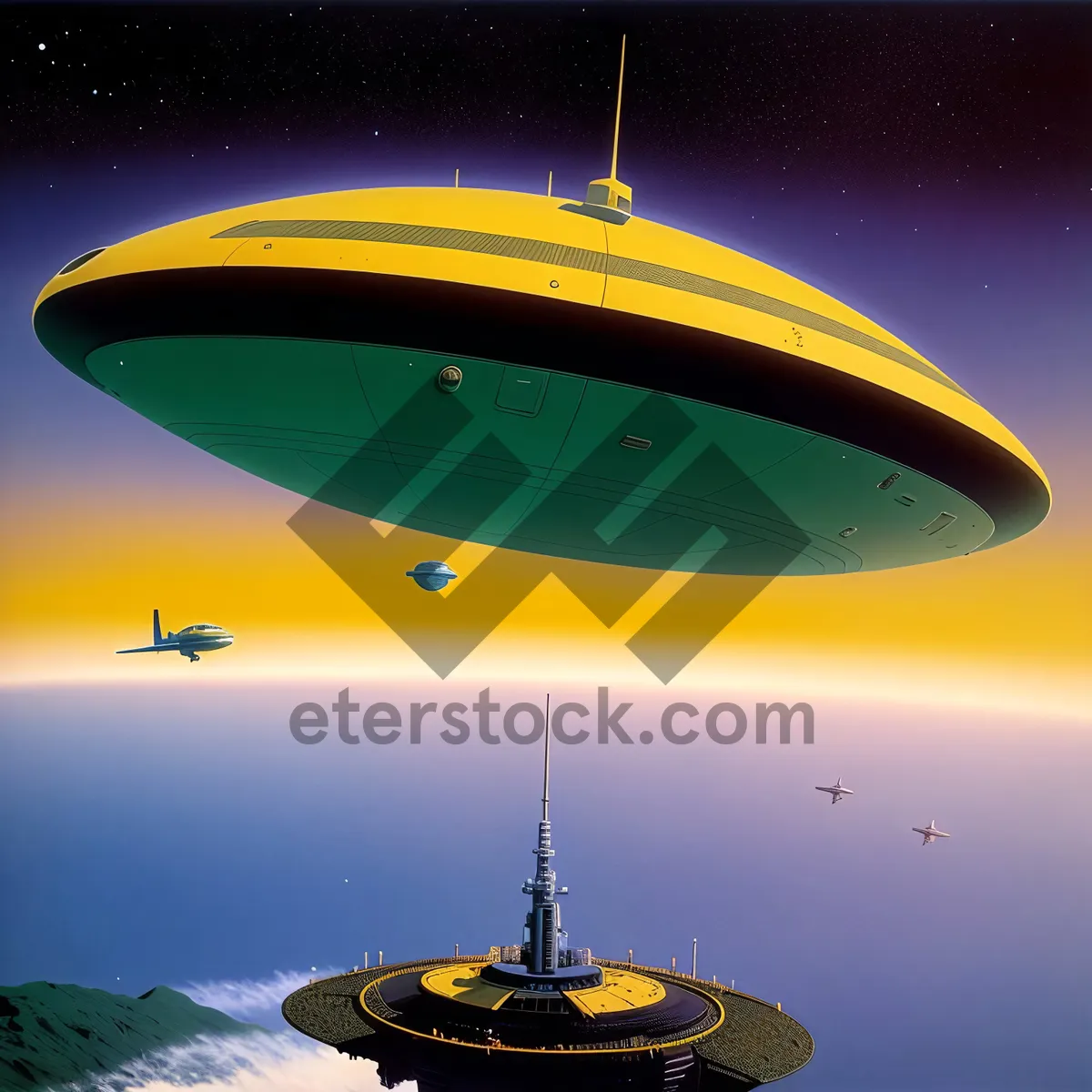 Picture of Golden Sunset Over Ocean with Airship