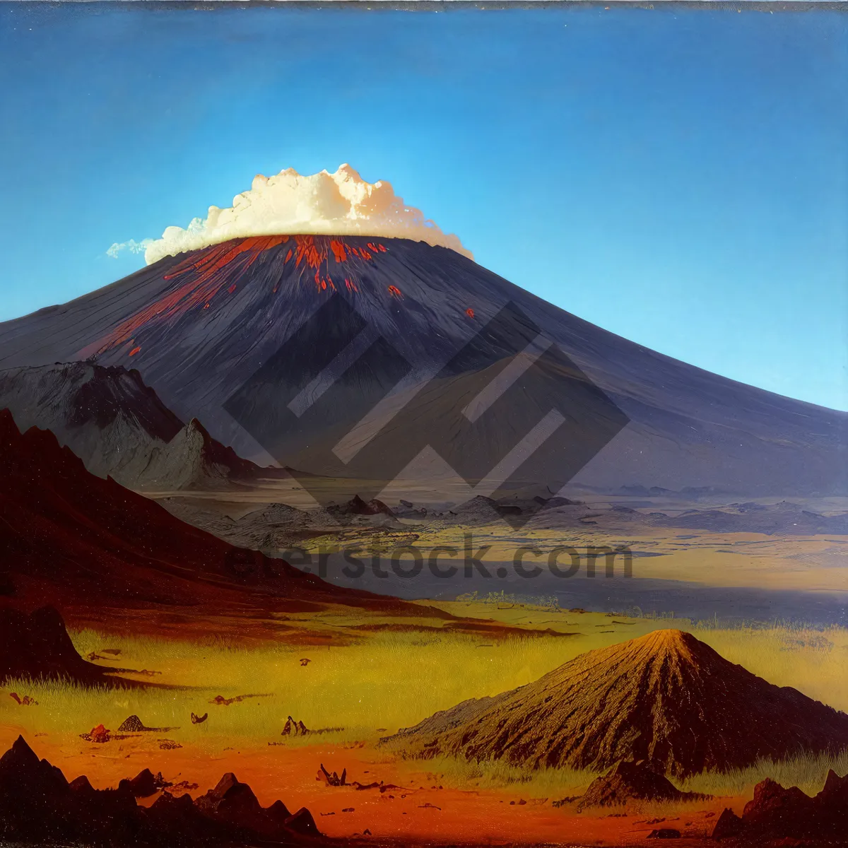 Picture of Majestic Volcano Amidst Snow-Capped Mountains and Clear Skies