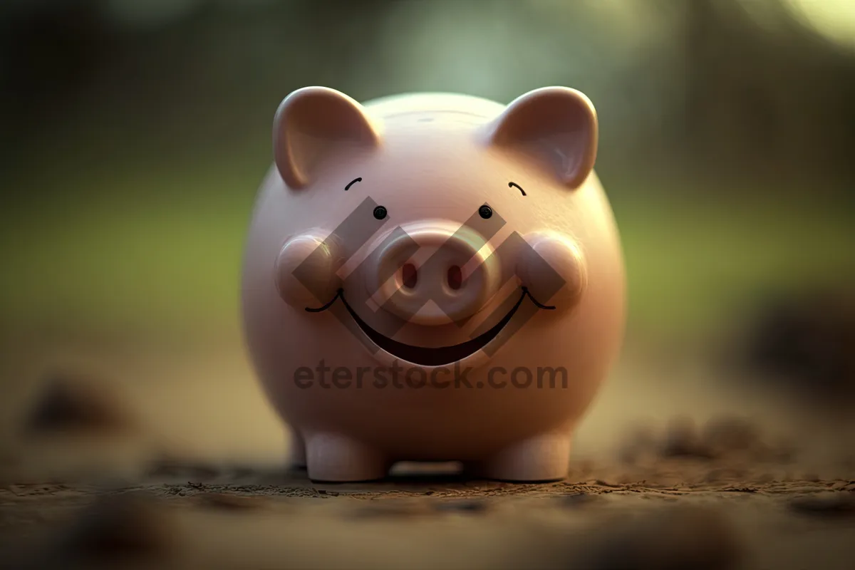 Picture of Pink ceramic piggy bank with dollar coins.