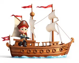 Cartoon pirate ship craft with fisherman on board.