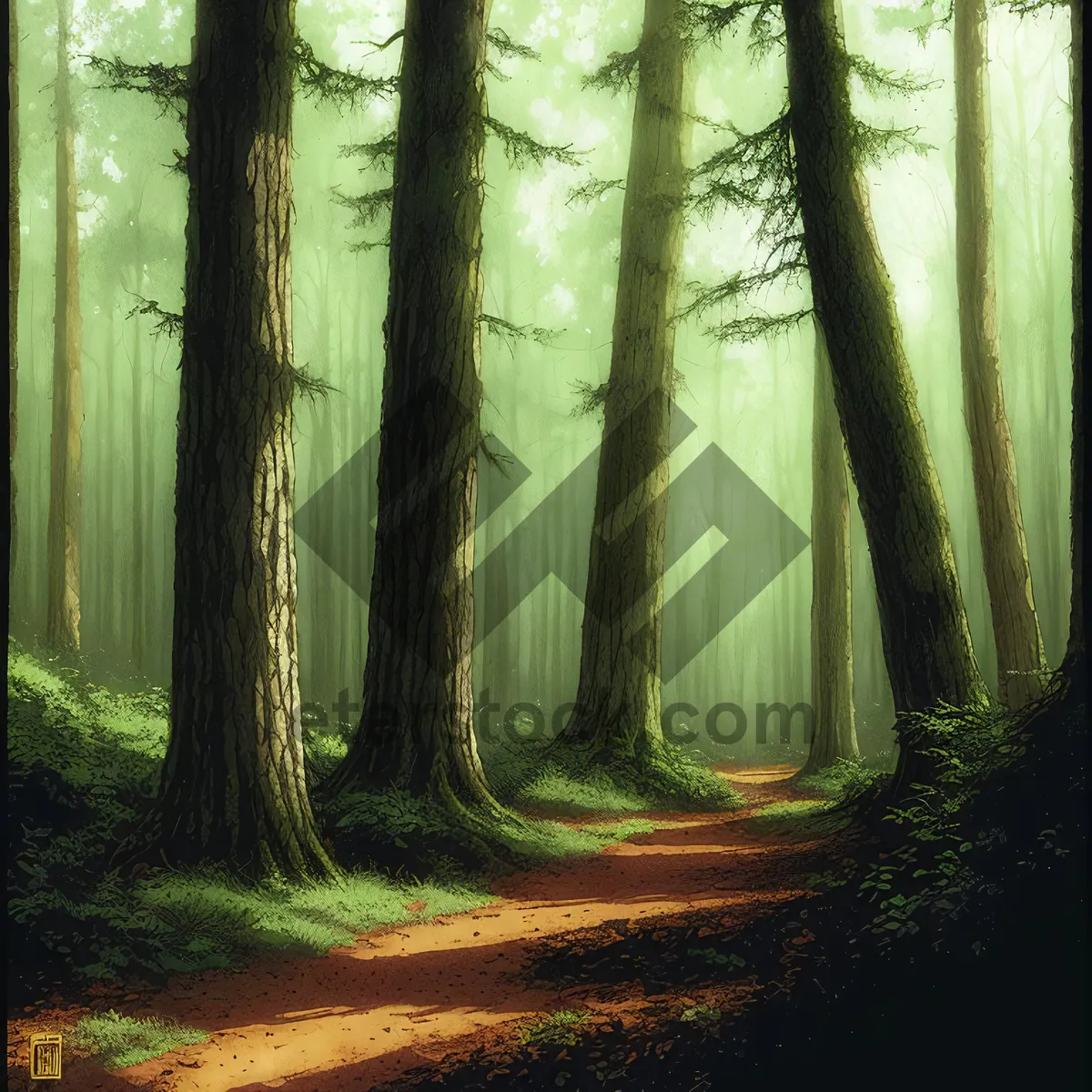 Picture of Serene Forest Landscape with Sunlight Filtering Through Trees