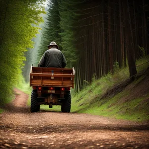 Rural Farmer Operating Harvester in Green Landscape