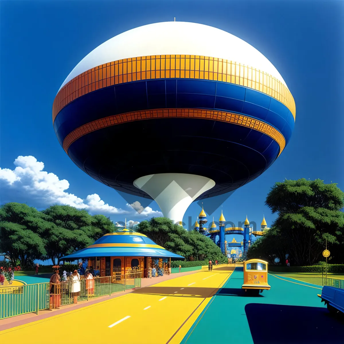 Picture of Colorful Hot Air Balloon Floating over City Skyline