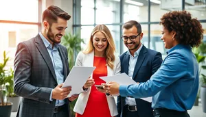 Corporate team smiling in modern office environment