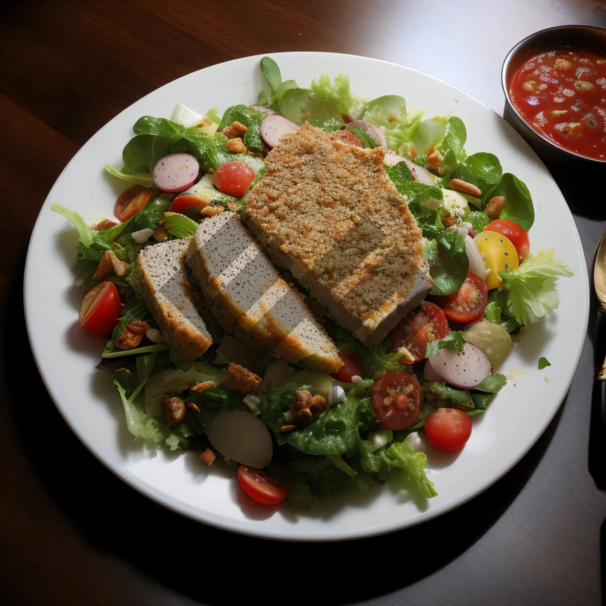 Picture of Grilled Steak Salad with Fresh Vegetables and Pepper Sauce