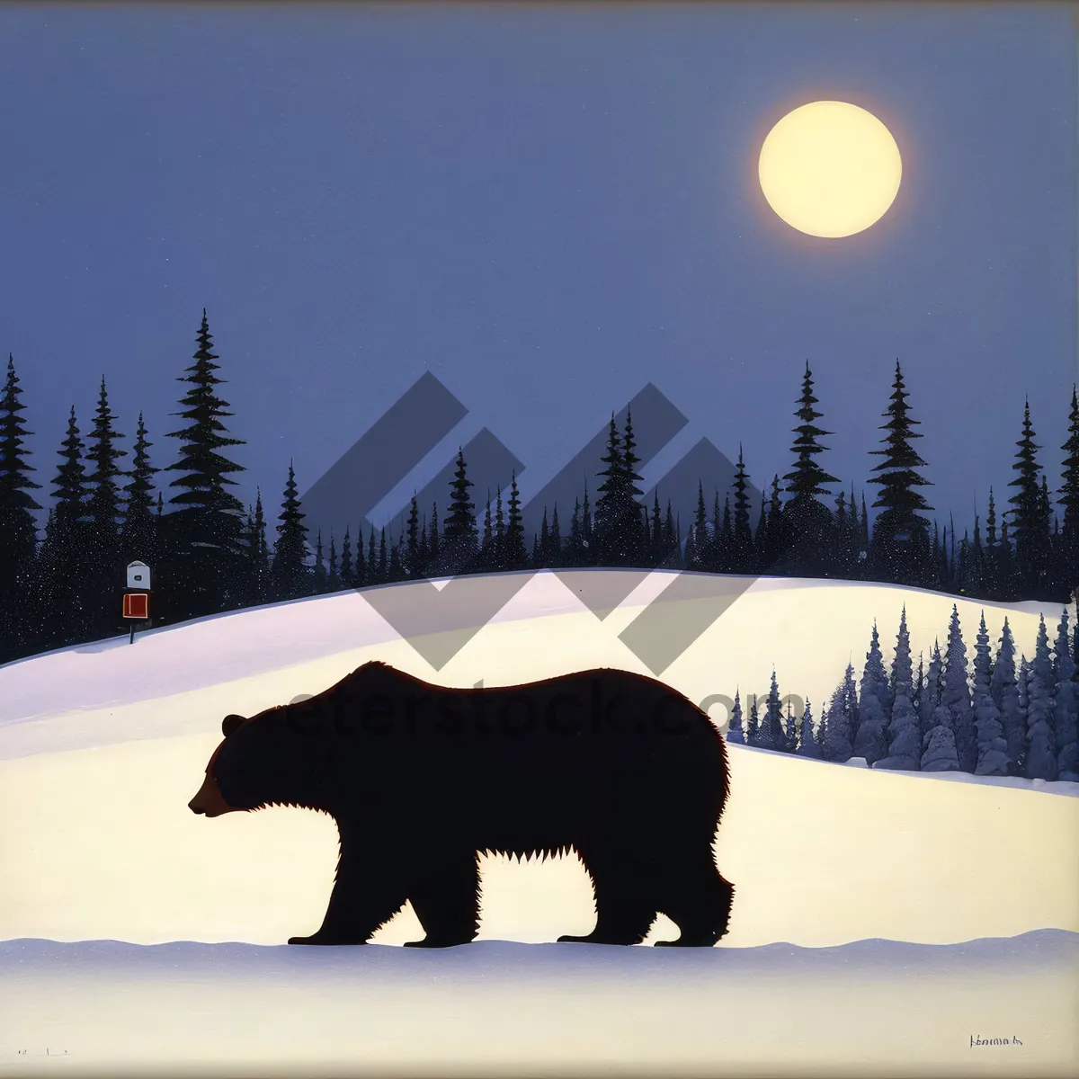 Picture of Winter Landscape with Bison and Bear in Forest