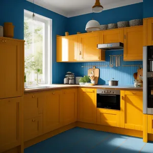 Modern kitchen interior with stainless steel appliances and granite countertops.