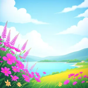 Vibrant Nature: Sunlit Landscape with Blossoming Tree