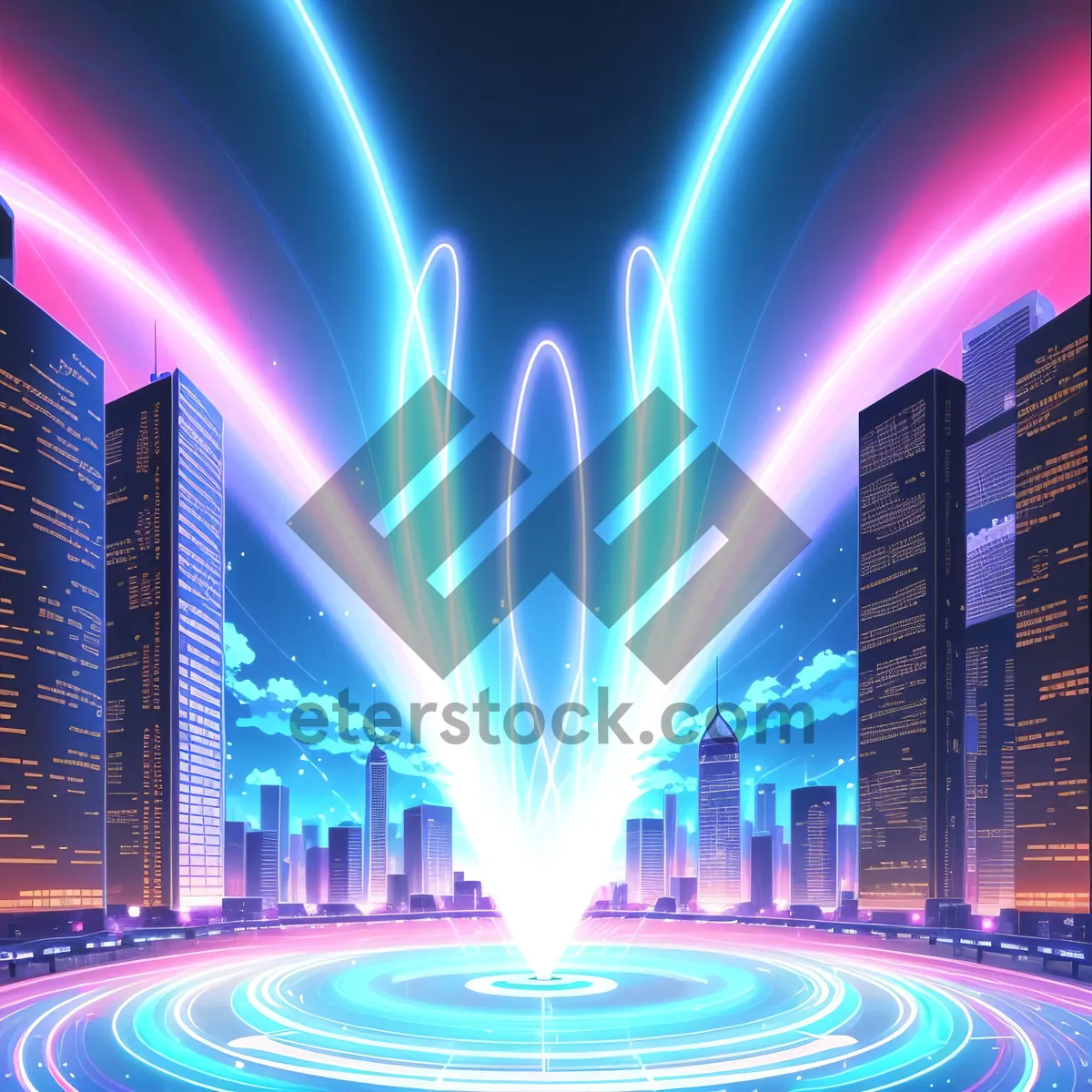 Picture of Glittering Laser Fountain in Digital Cityscape