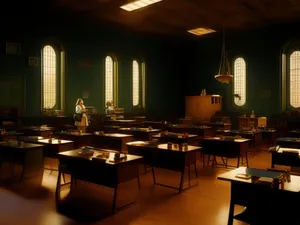 Modern interior design of empty restaurant dining hall.