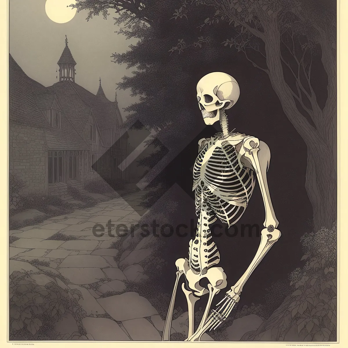 Picture of Human Body Skeleton with Crutch and Skull