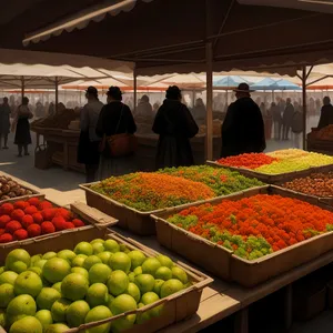 Fresh, ripe fruits and vegetables at market stall.