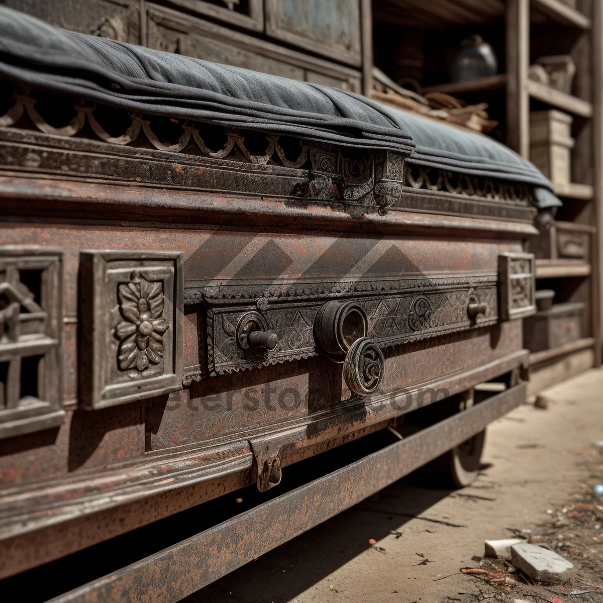 Picture of Vintage railcar passing by historic architecture