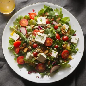 Delicious gourmet salad with grilled meat and veggies