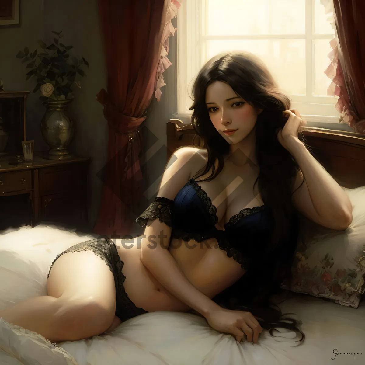 Picture of Attractive brunette poses in sexy lingerie and brassiere.