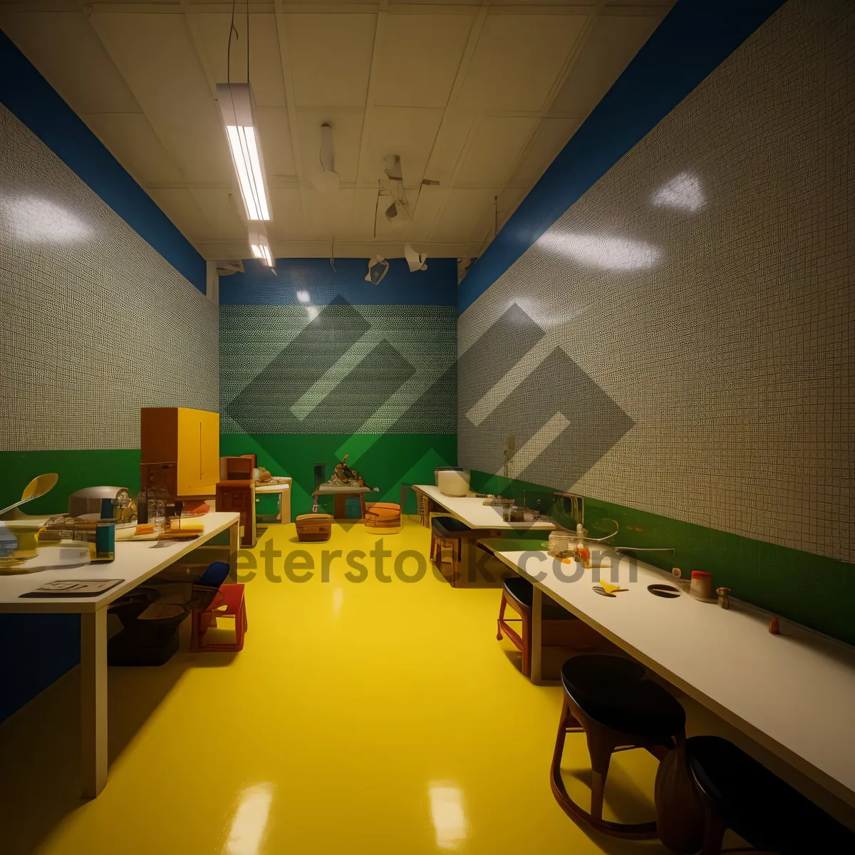 Picture of Modern restaurant interior design with wooden furniture and lamp