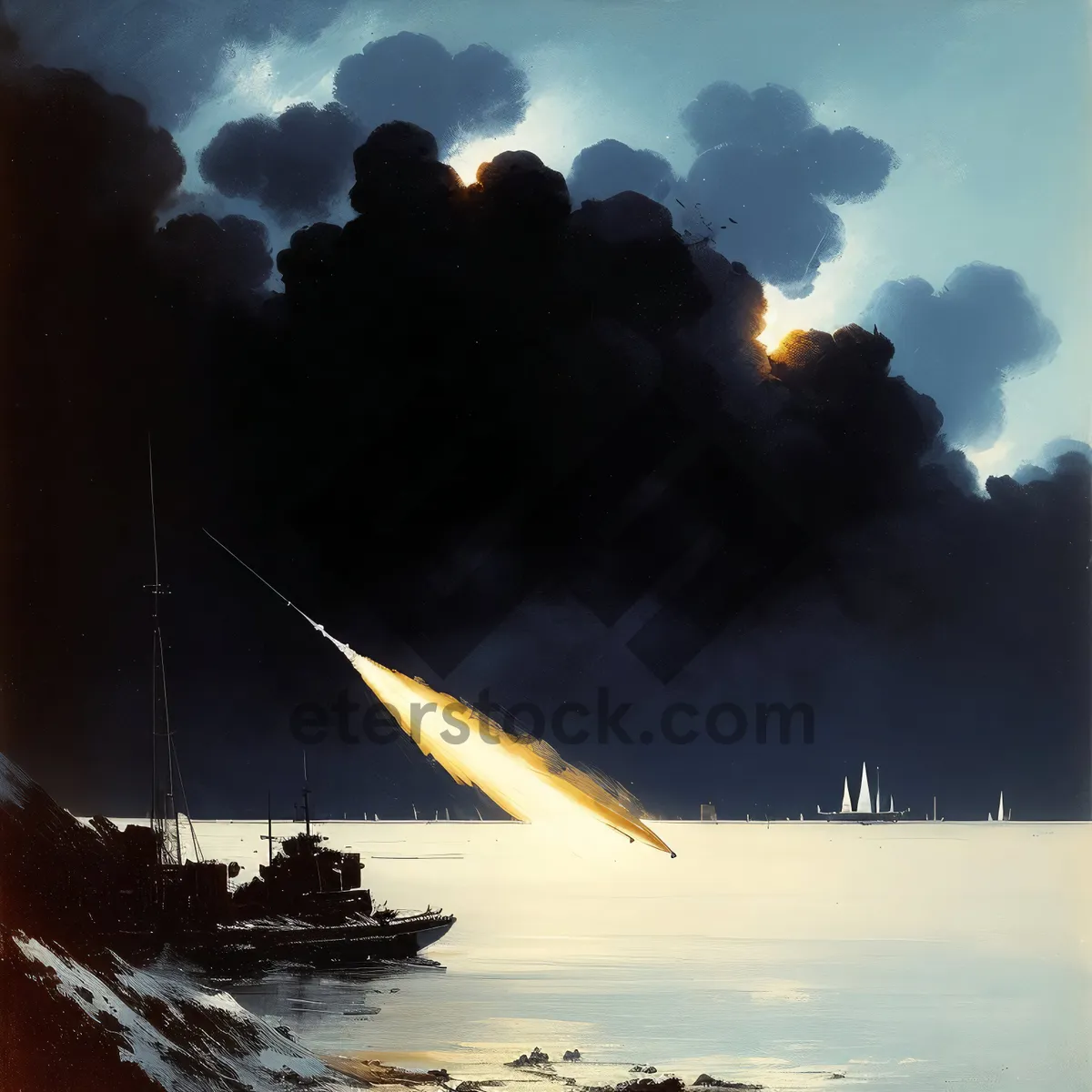 Picture of Rocket launching into the colorful sunset over the ocean.