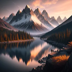 Majestic Sunset Over Mountain Valley and Reflection