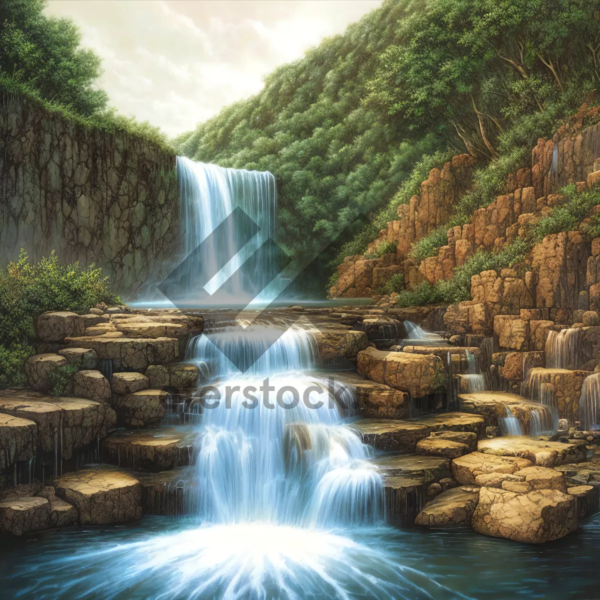 Picture of Serene Flowing Waterfall in Enchanting Forest