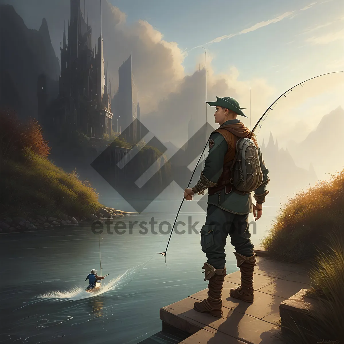 Picture of Winter Fishing Man with Reel and Rod