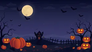 Spooky cemetery under moonlit night sky.