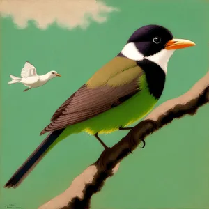 Magpie perched on tree branch, displaying feathers