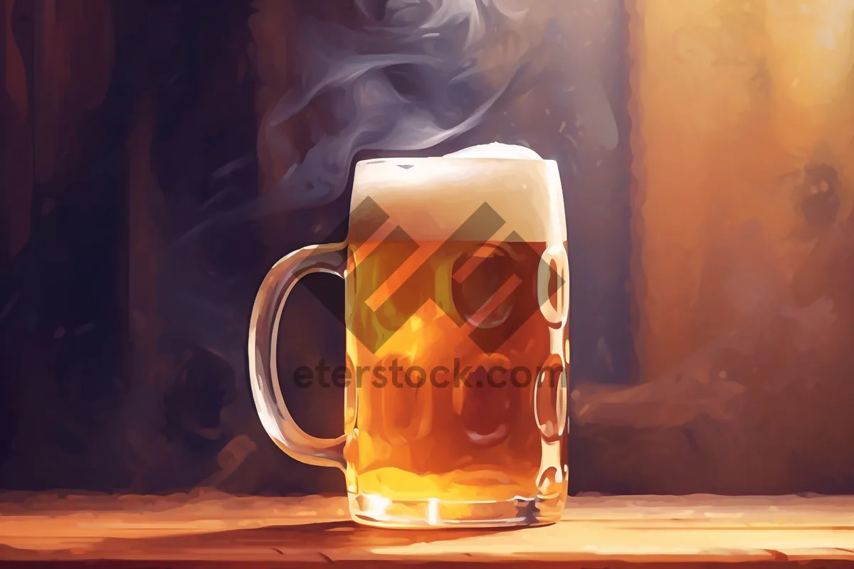 Picture of Golden Beer Glass with Frothy Foam in Pub.