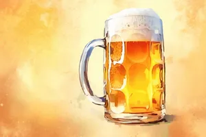 Golden frothy beer in clear glass mug.