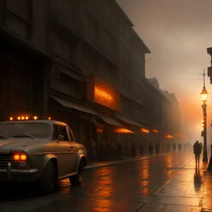 Nighttime Cityscape with Car and Cab Traffic