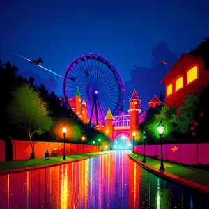 Nighttime Skyline: Vibrant Ferris Wheel in Urban Park