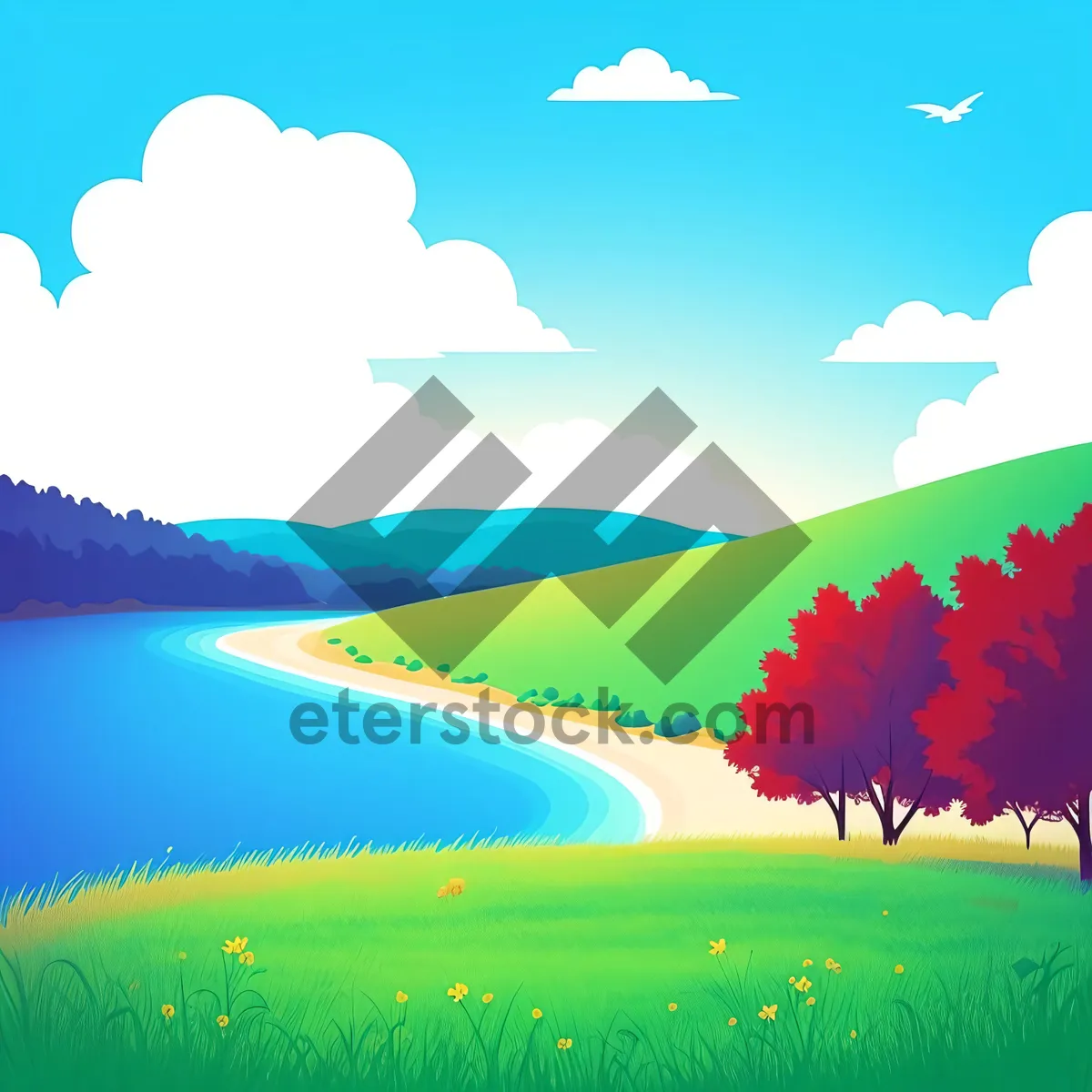 Picture of Vibrant Summer Countryside with Blue Sky and Green Meadow