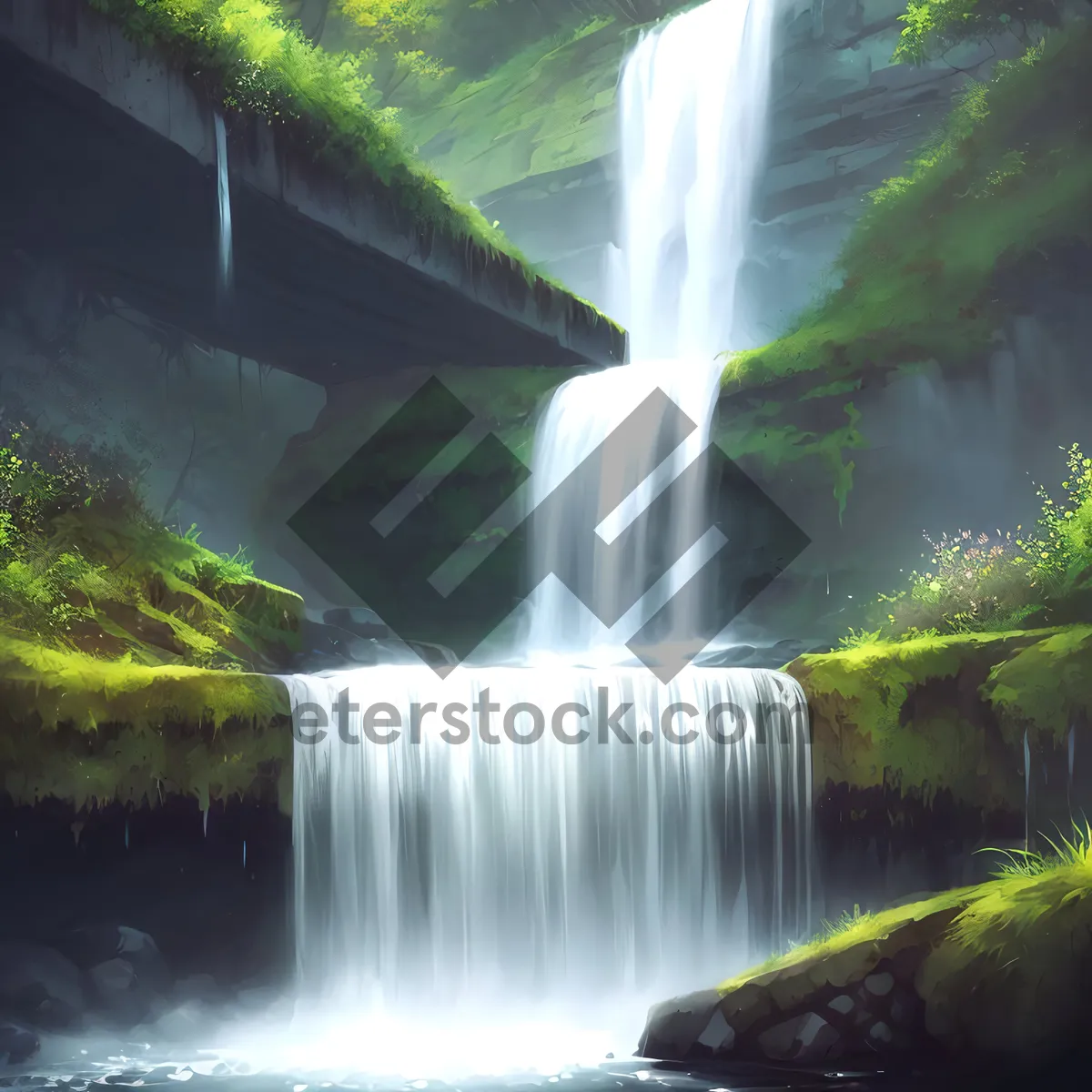 Picture of Serene Mountain Waterfall Amidst Lush Forest