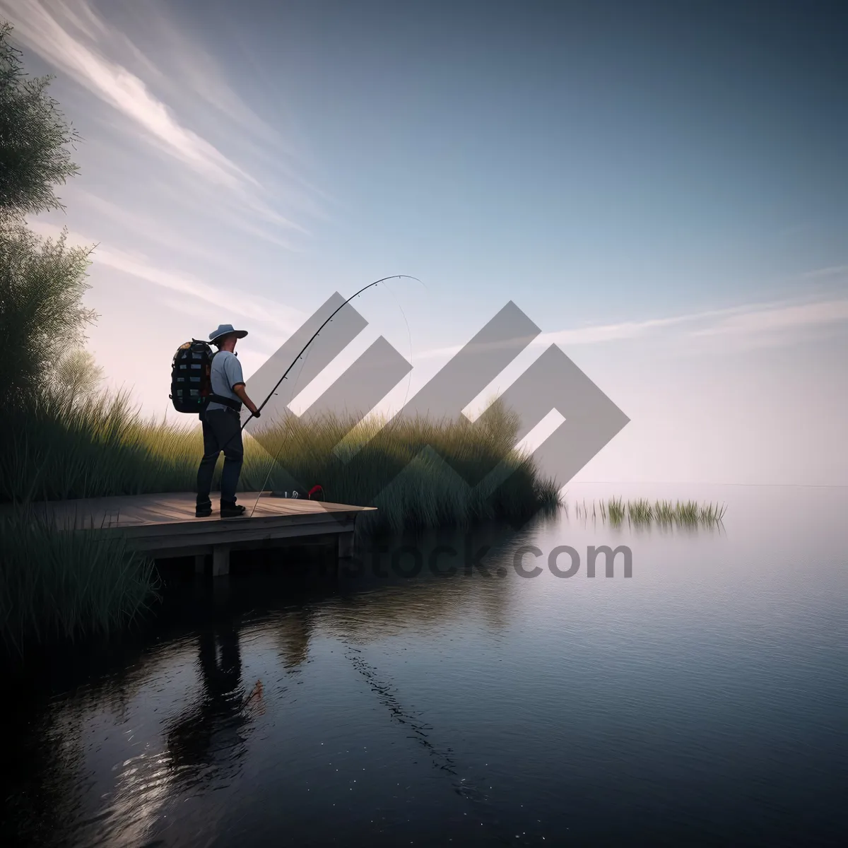 Picture of Serene Sunset Fishing by the Shore