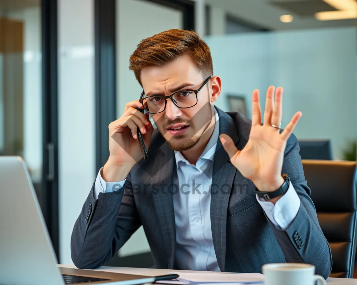 Picture of Smiling businessman working on laptop in office